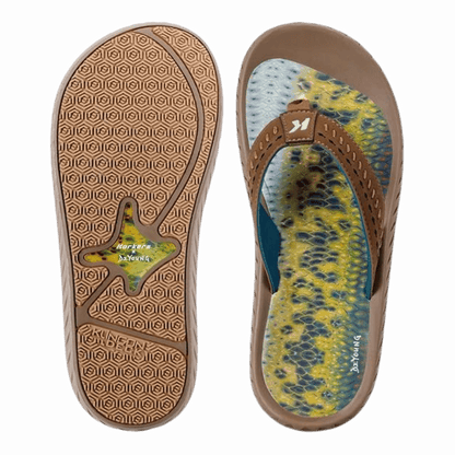 KORKERS MEN'S FISH FLIP FLOP BASS - BROWN - TOP & BOTTOM VIEW