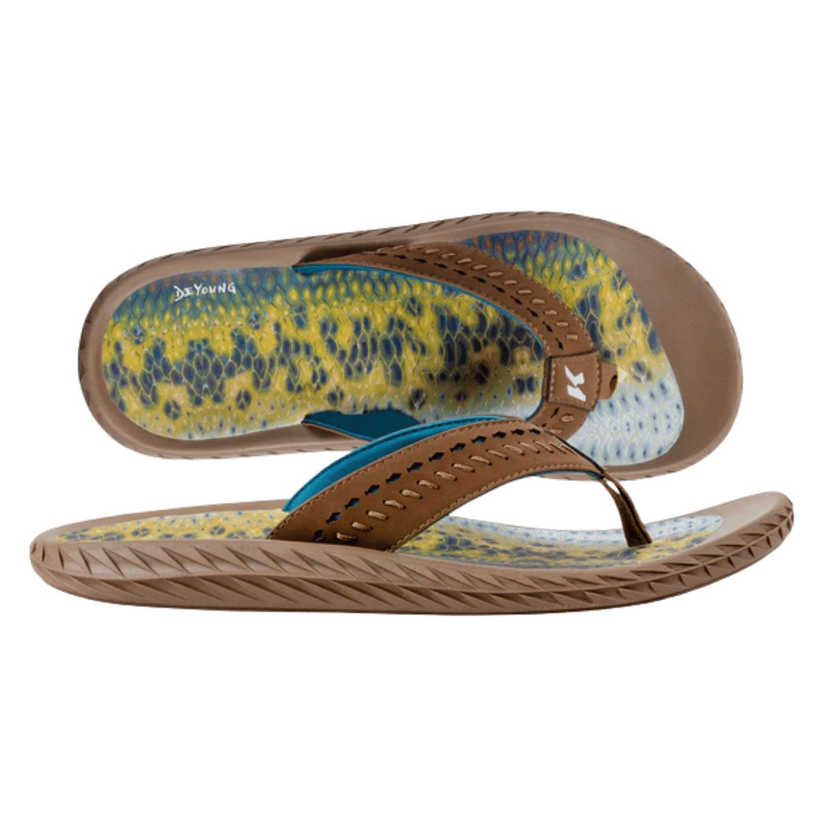 KORKERS MEN'S FISH FLIP FLOP BASS - BROWN - FRONT  & SIDE VIEW