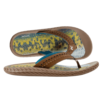 KORKERS MEN'S FISH FLIP FLOP BASS - BROWN - FRONT  & SIDE VIEW