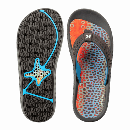 KORKERS FISH FLIP FLOP BROWN TROUT – BLACK OLIVE – TOP & SOLE VIEW