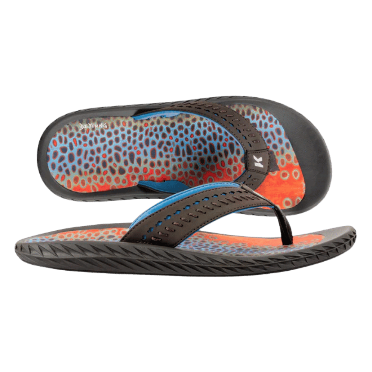 KORKERS FISH FLIP FLOP BROWN TROUT - BLACK OLIVE - FRONT & SIDE VIEW
