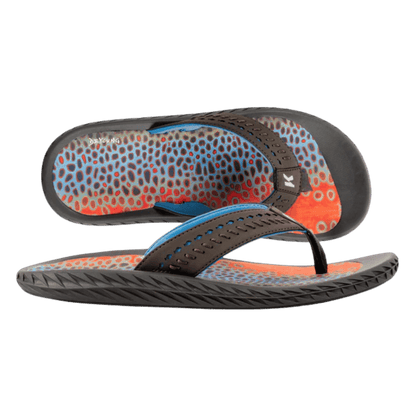 KORKERS FISH FLIP FLOP BROWN TROUT - BLACK OLIVE - FRONT & SIDE VIEW