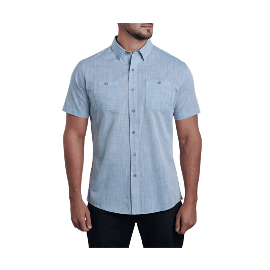 KUHL MEN'S KARIB STRIPE SHORT SLEEVE SHIRT - HORIZON BLUE - FRONT VIEW