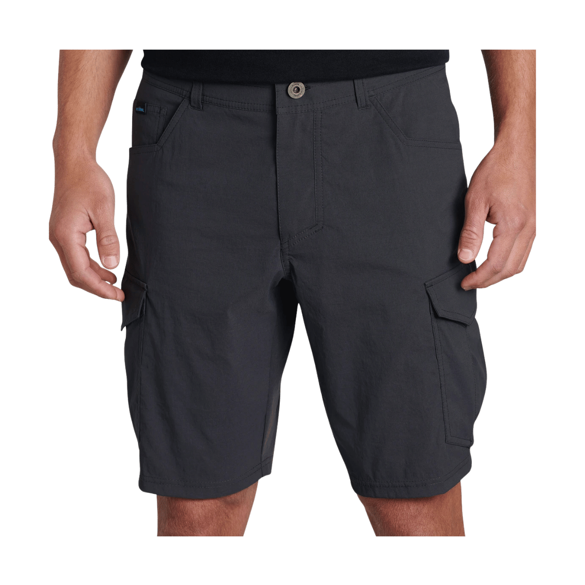 KUHL MEN'S RENEGADE CARGO SHORTS 10" - KOAL - FRONT WAIST VIEW