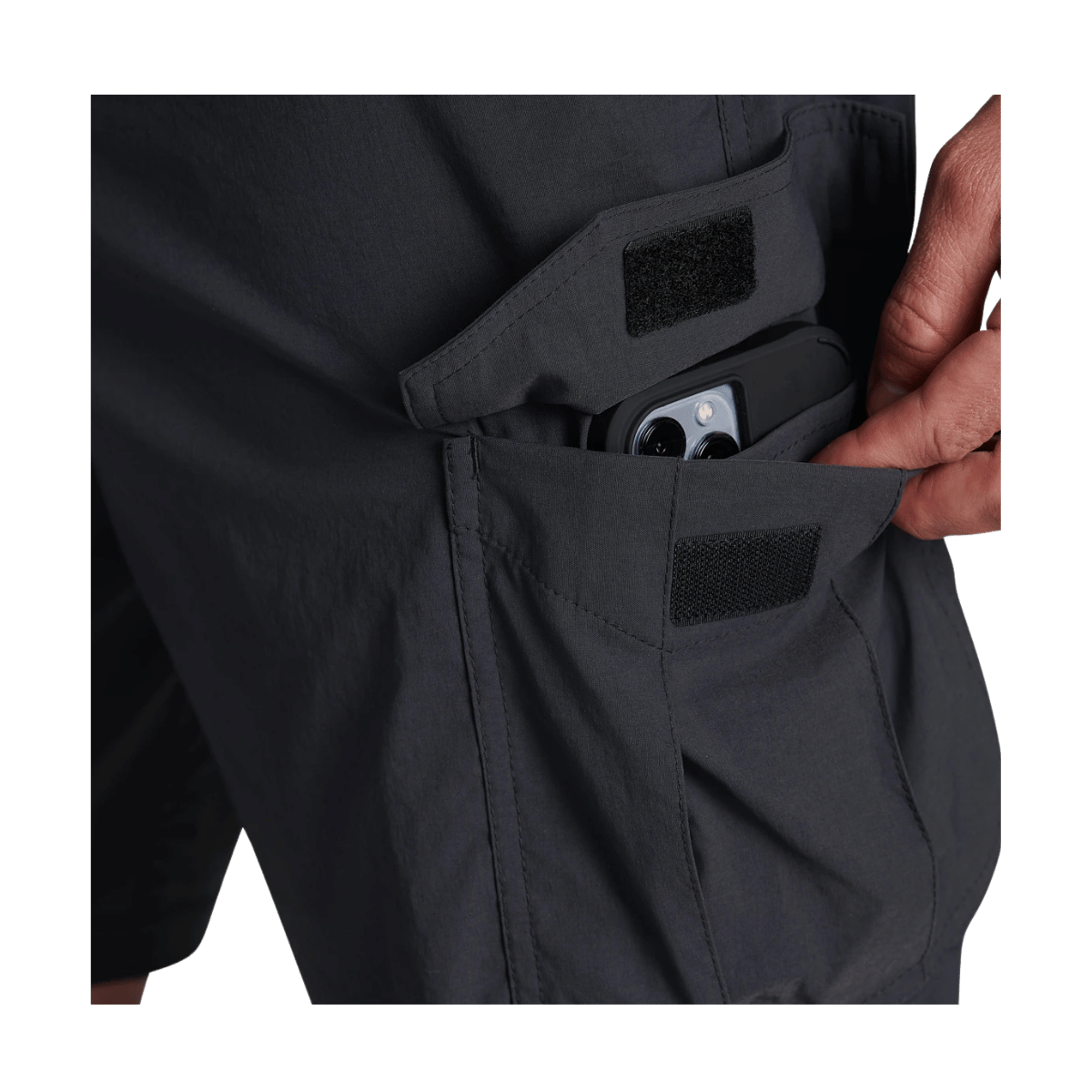 KUHL MEN'S RENEGADE CARGO SHORTS 10" - KOAL - RIGHT SIDE POCKET DETAIL VIEW