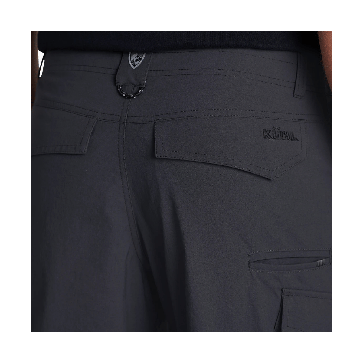 KUHL MEN'S RENEGADE CARGO SHORTS 10" - KOAL - BACK POCKET DETAIL VIEW