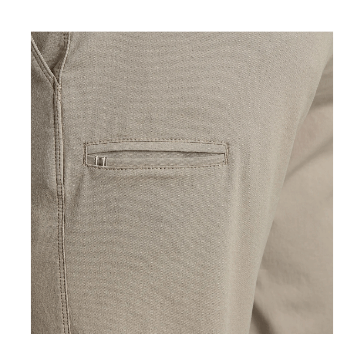 KUHL MEN’S RESISTOR LITE CHINO TAPERED - KHAKI - CLOSE-UP POCKET STITCH DETAIL VIEW