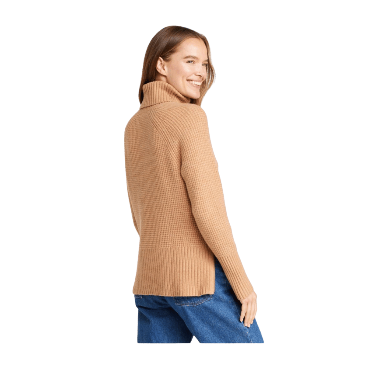 L.L.BEAN WOMEN'S WAFFLE TURTLENECK SWEATER - HONEY BROWN HEATHER - BACK VIEW