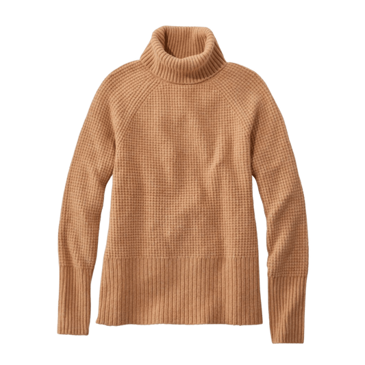 L.L.BEAN WOMEN'S WAFFLE TURTLENECK SWEATER - HONEY BROWN HEATHER - FRONT VIEW