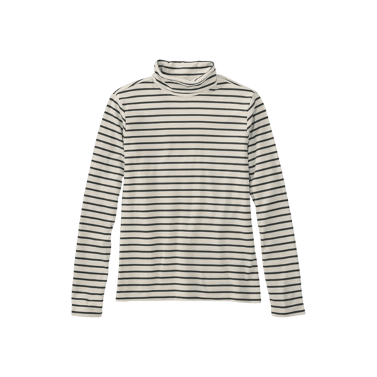 L.L.BEAN W PIMA TURTLENECK STRIPE CREAM SHADOW GREEN