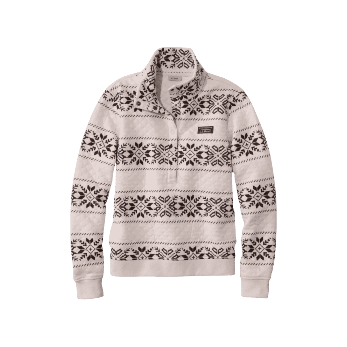 L.L.BEAN W QUILTED HALF SNAP SWEATSHIRT CREAM BROWN SNOWFLAKE