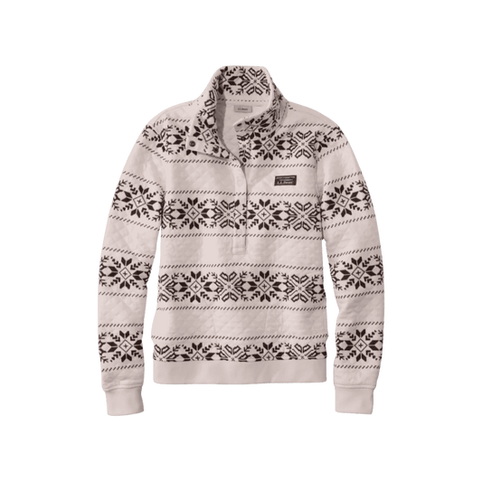 L.L.BEAN W QUILTED HALF SNAP SWEATSHIRT CREAM BROWN SNOWFLAKE
