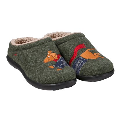 L.L. BEAN WOMEN'S DAYBREAK SCUFF MOTIF- OLIVE GRAY/DACHSUND