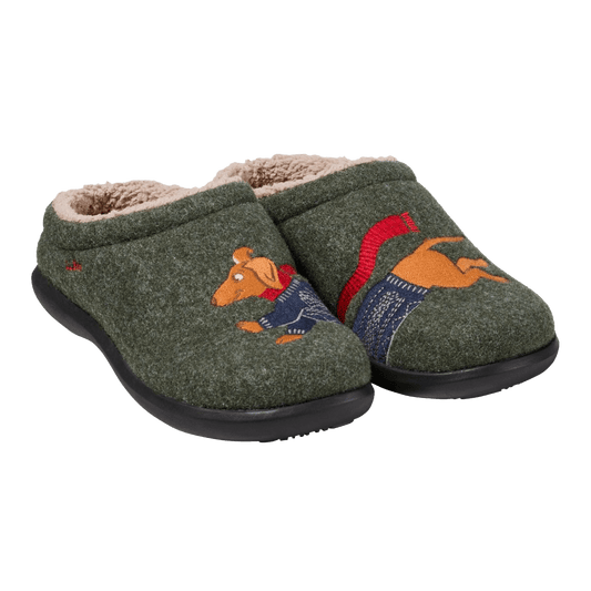 L.L. BEAN WOMEN'S DAYBREAK SCUFF MOTIF- OLIVE GRAY/DACHSUND