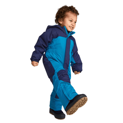 L.L.BEAN TODDLER AND INFANT COLD BUSTER SNOWSUIT – BLUE/TEAL SHAD - SIDE VIEW WHEN WORN