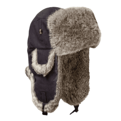 MAD BOMBER HAT - CANVAS GREY WITH GREY RABBIT FUR_FRONT ANGLE