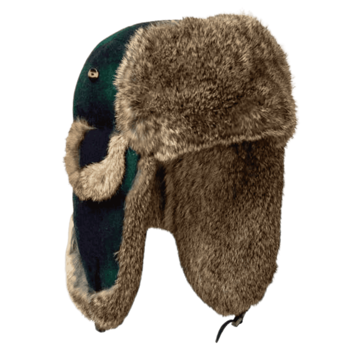 MAD BOMBER SNAPLOCK HAT - GREEN AND BLACK PLAID WITH BROWN RABBIT FUR_SIDE ANGLE