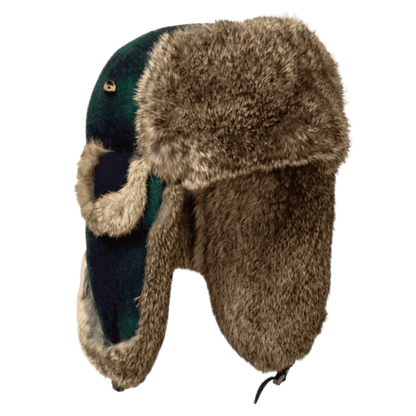 MAD BOMBER SNAPLOCK HAT - GREEN AND BLACK PLAID WITH BROWN RABBIT FUR_SIDE ANGLE