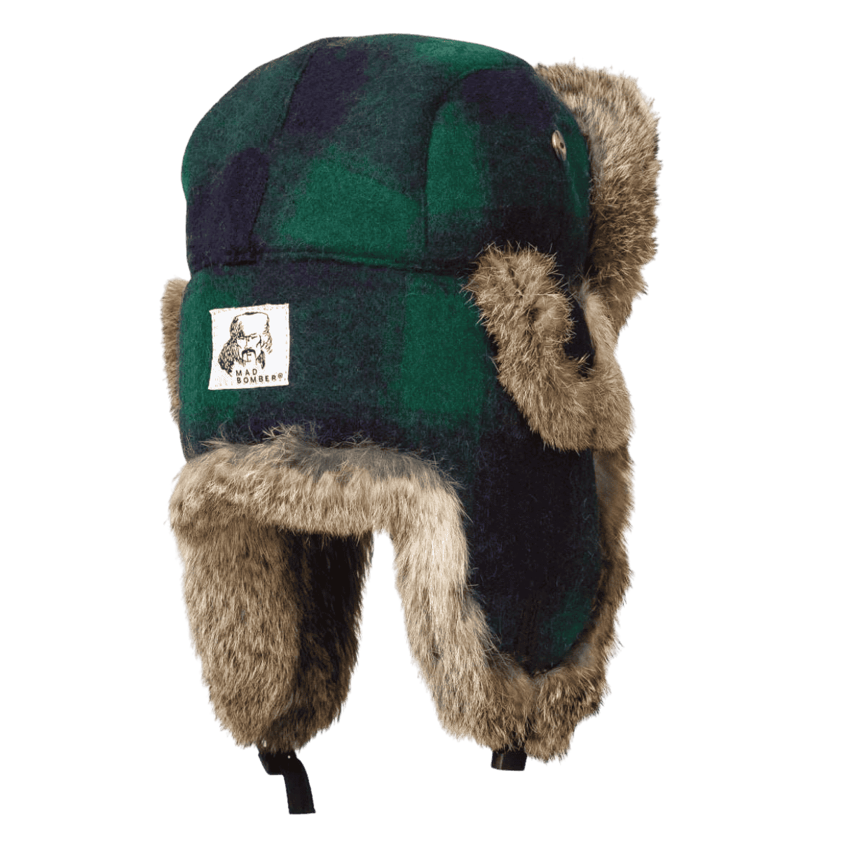 MAD BOMBER SNAPLOCK HAT - GREEN AND BLACK PLAID WITH BROWN RABBIT FUR_BACK ANGLE