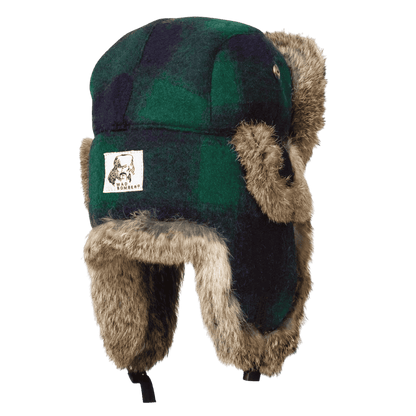 MAD BOMBER SNAPLOCK HAT - GREEN AND BLACK PLAID WITH BROWN RABBIT FUR_BACK ANGLE