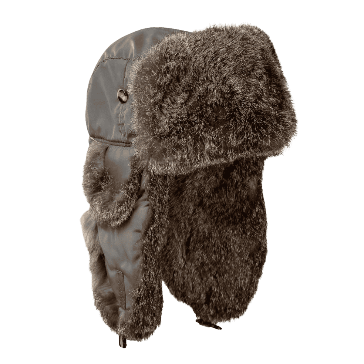 MAD BOMBER SNAPLOCK HAT - GREY NYLON WITH GREY RABBIT FUR_SIDE ANGLE