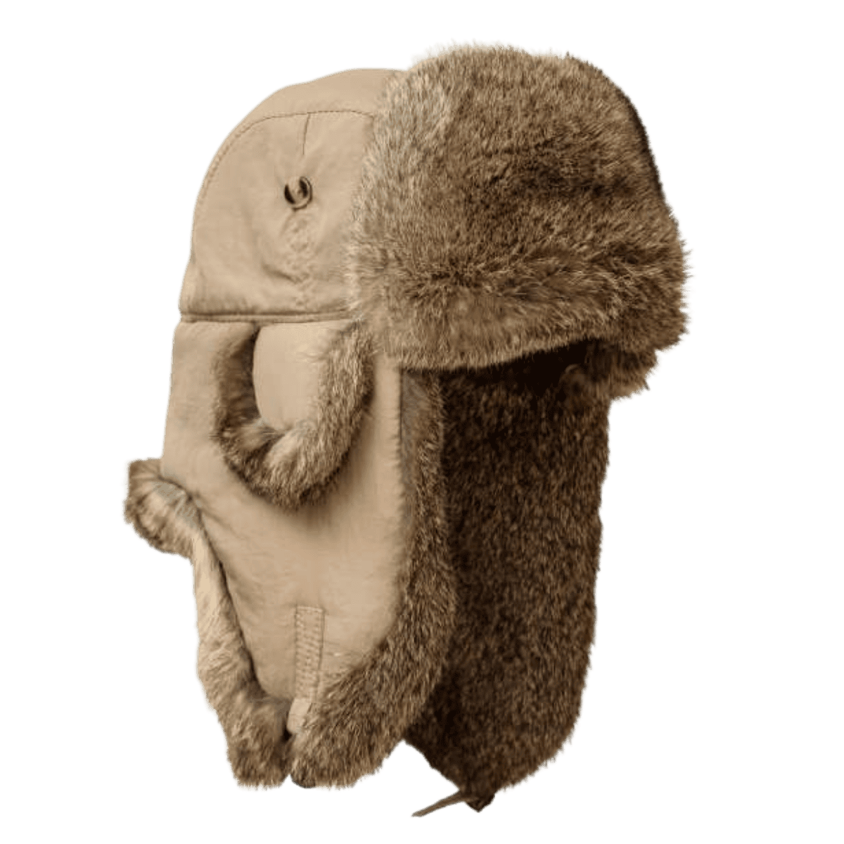 MAD BOMBER SNAPLOCK HAT - KHAKI WITH BROWN RABBIT FUR_SIDE ANGLE
