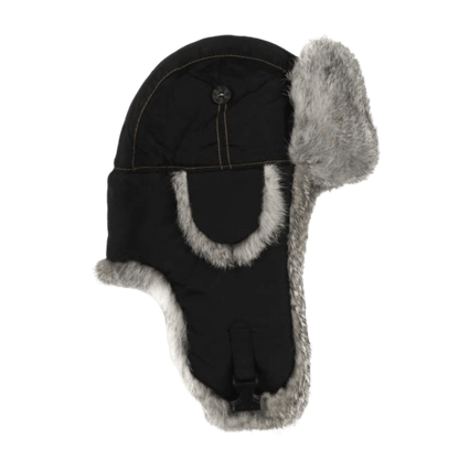 MAD BOMBER HAT KIDS - BLACK WITH GREY RABBIT FUR_SIDE ANGLE