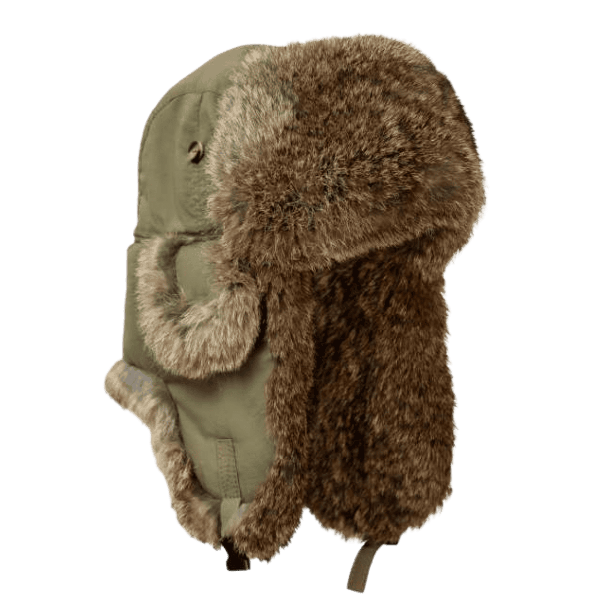 MAD BOMBER SNAPLOCK HAT - OLIVE WITH BROWN RABBIT FUR_SIDE ANGLE