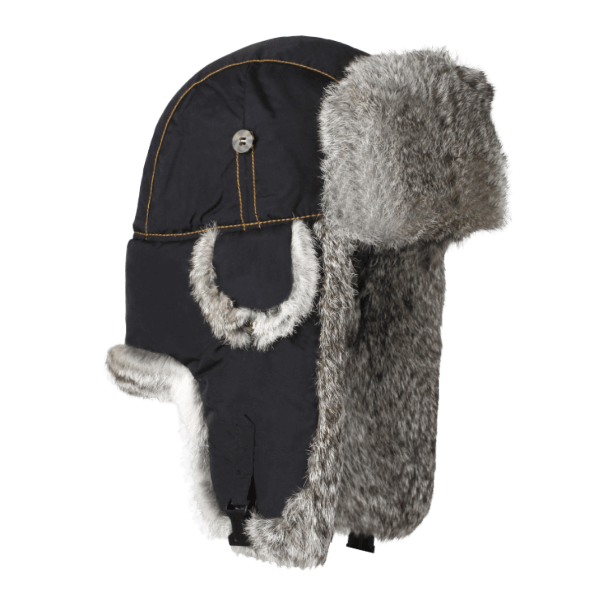 MAD BOMBER HAT -  BLACK NYLON WITH GREY RABBIT FUR