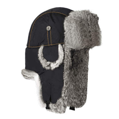 MAD BOMBER HAT -  BLACK NYLON WITH GREY RABBIT FUR