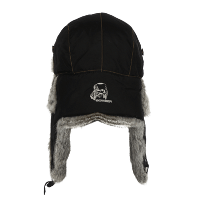 MAD BOMBER HAT -  BLACK NYLON WITH GREY RABBIT FUR_BACK ANGLE