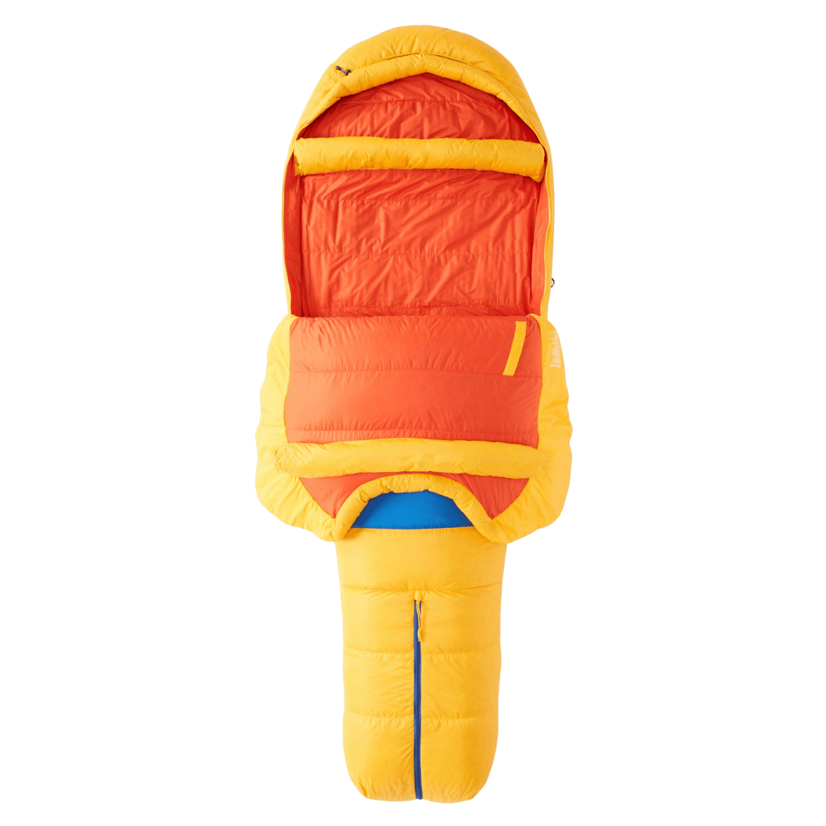 MARMOT NEVER WINTER LIGHTWEIGHT SLEEPING BAG LONG - SOLAR RED SUN - FRONT AND INSIDE VIEW