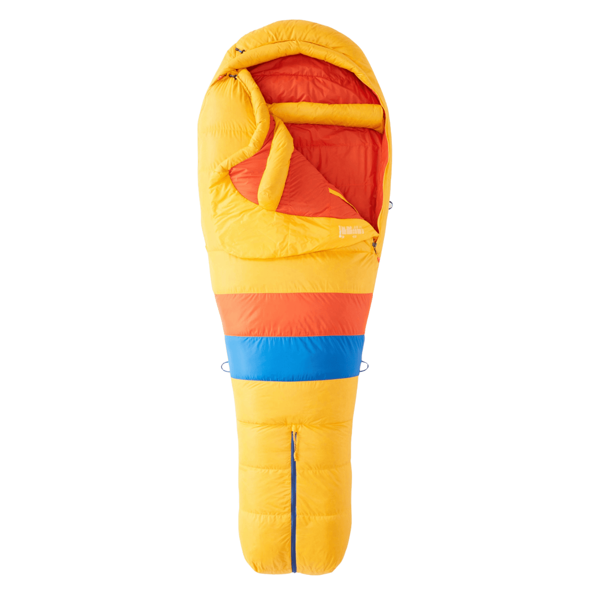 MARMOT NEVER WINTER LIGHTWEIGHT SLEEPING BAG REGULAR - SOLAR RED SUN - FRONT AND INSIDE VIEW