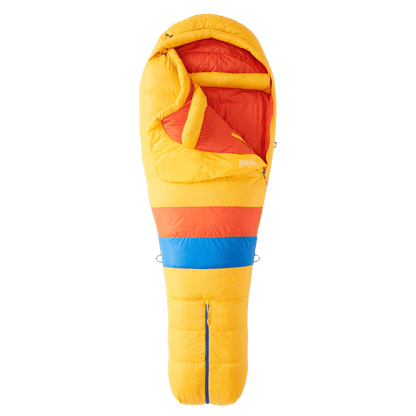 MARMOT NEVER WINTER LIGHTWEIGHT SLEEPING BAG REGULAR - SOLAR RED SUN - FRONT AND INSIDE VIEW
