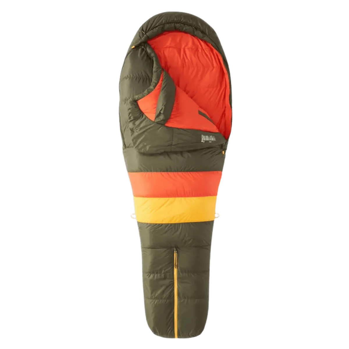 MARMOT NEVER WINTER LIGHTWEIGHT SLEEPING BAG LONG - NORI RED SUN - FRONT AND INSIDE VIEW