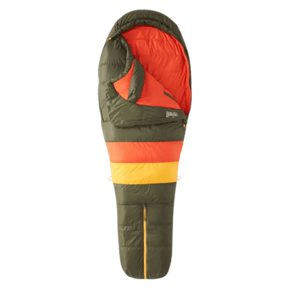 MARMOT NEVER WINTER LIGHTWEIGHT SLEEPING BAG LONG - NORI RED SUN - FRONT AND INSIDE VIEW