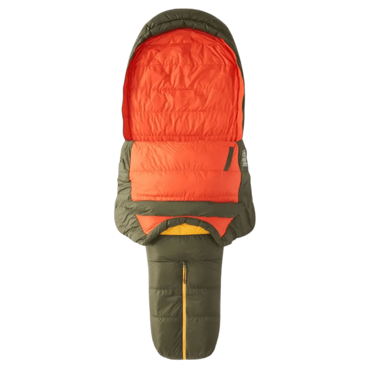 MARMOT NEVER WINTER LIGHTWEIGHT SLEEPING BAG LONG - NORI RED SUN - FRONT AND INSIDE VIEW