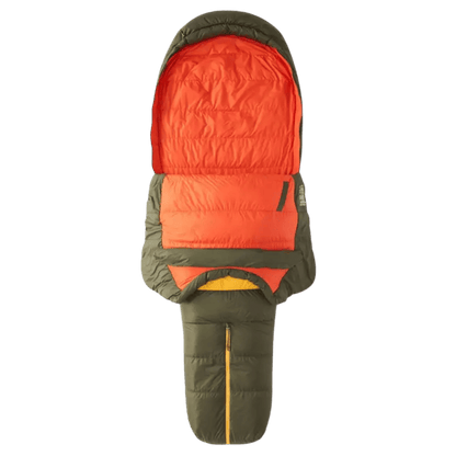 MARMOT NEVER WINTER LIGHTWEIGHT SLEEPING BAG LONG - NORI RED SUN - FRONT AND INSIDE VIEW