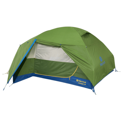 MARMOT LIMELIGHT 3P BACKPACKING TENT - FOLIAGE/DK AZURE FRONT VIEW WITH RAINFLY