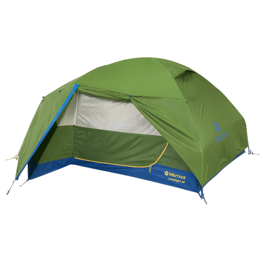 MARMOT LIMELIGHT 3P BACKPACKING TENT - FOLIAGE/DK AZURE FRONT VIEW WITH RAINFLY