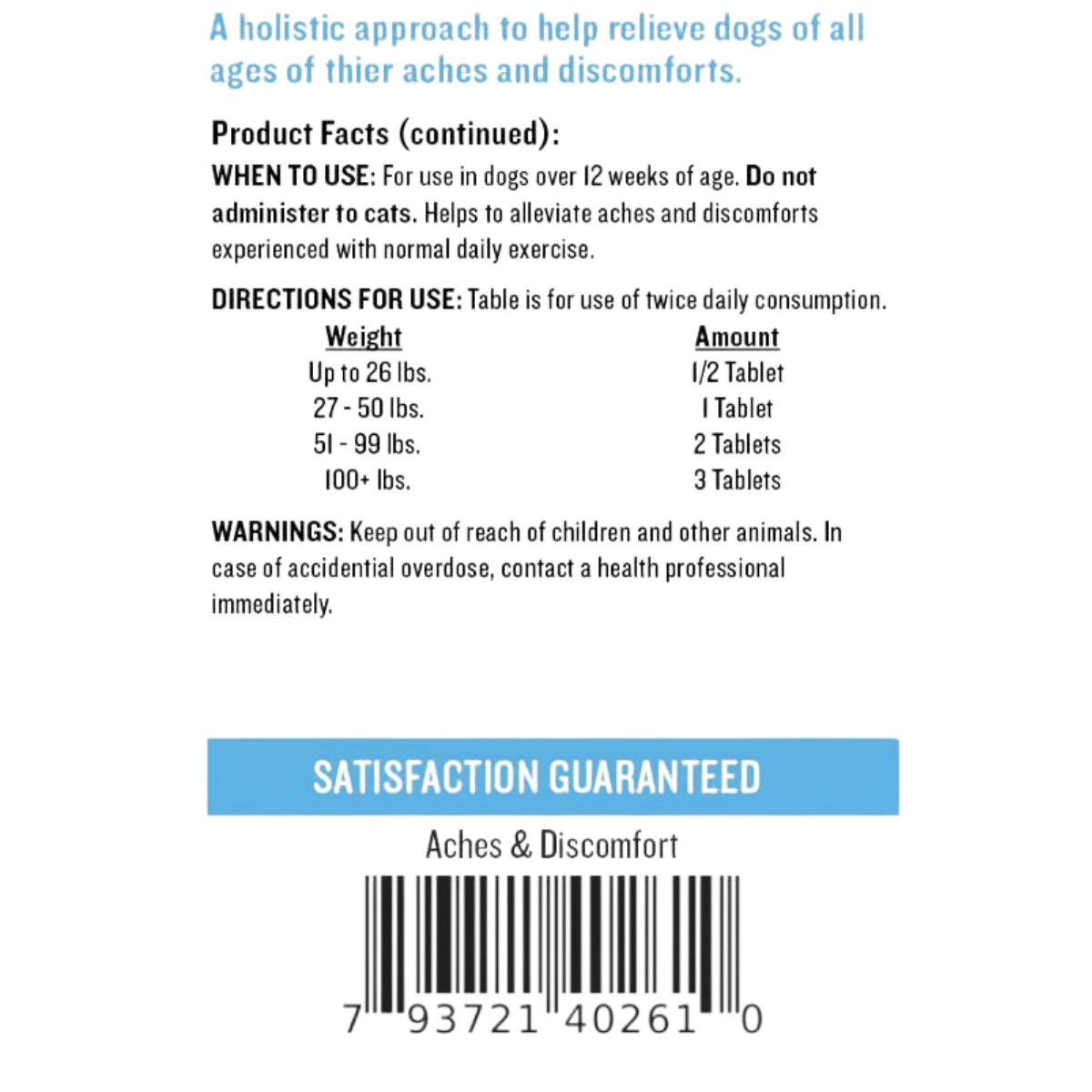 MENDOTA PET RETRIEVE ACHES & DISCOMFORT - 60 TABLETS_BACK VIEW