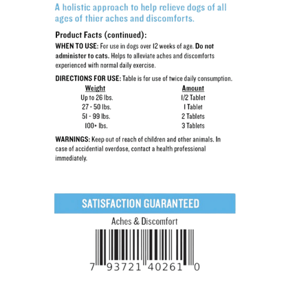 MENDOTA PET RETRIEVE ACHES & DISCOMFORT - 60 TABLETS_BACK VIEW
