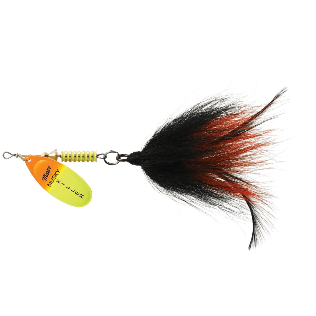 MEPPS MUSKY KILLER 3/4OZ - HOT ORANGE/CHARTREUSE-BLACK/ORANGE