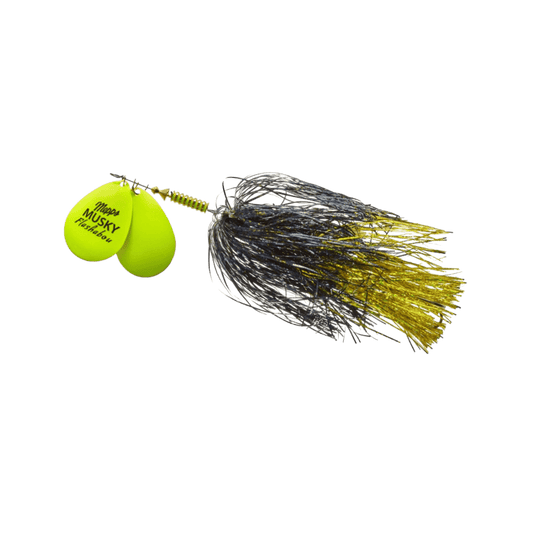 MEPPS DOUBLE BLADE MUSKY FLASHABOU 1-1/2OZ HOT CHARTREUSE/BLACK/CHARTREUSE