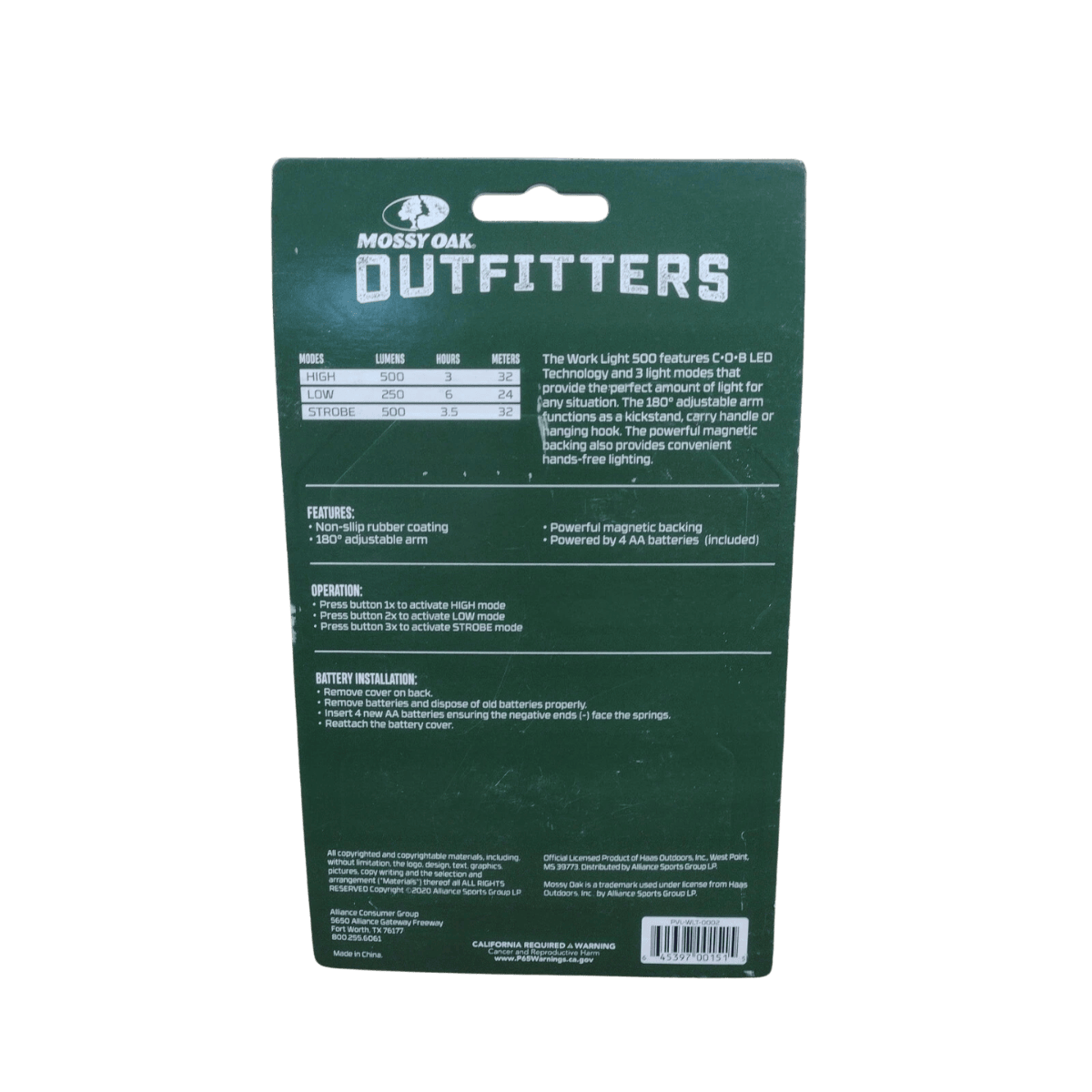 MOSSY OAK OUTFITTERS WORK LIGHT 500 LUMEN - BACK VIEW