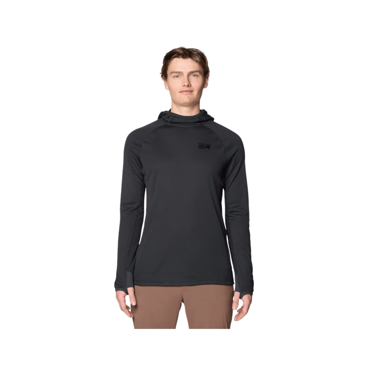 MOUNTAIN HARDWEAR MEN'S AIRMESH LONG SLEEVE HOODY - DARK STORM, FRONT ANGLE, SM, MD, LG, XL