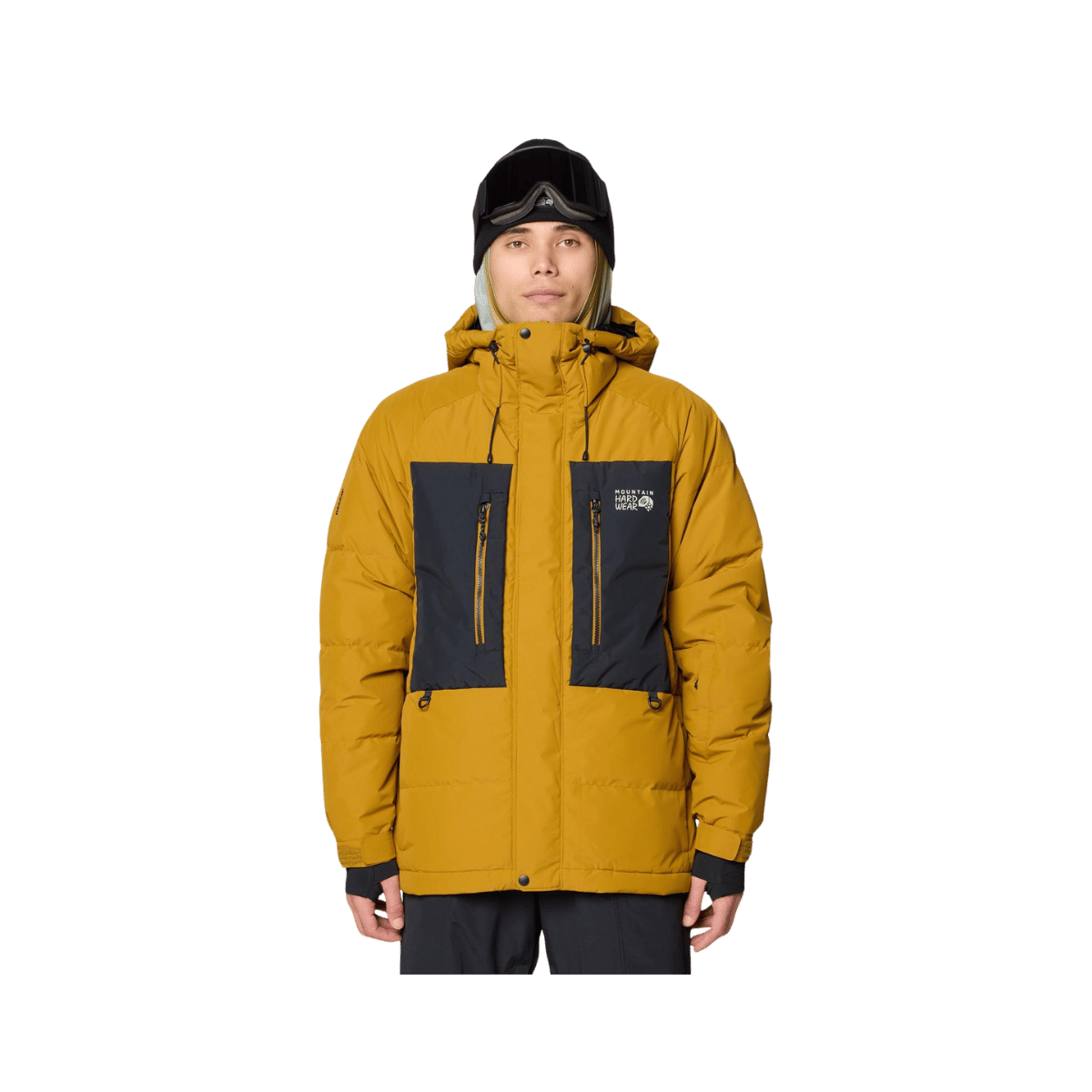MOUNTAIN HARDWEAR MEN'S FIRST TRACKS DOWN JACKET - OLIVE GOLD/BLACK, FRONT ANGLE, MD, LG, XL