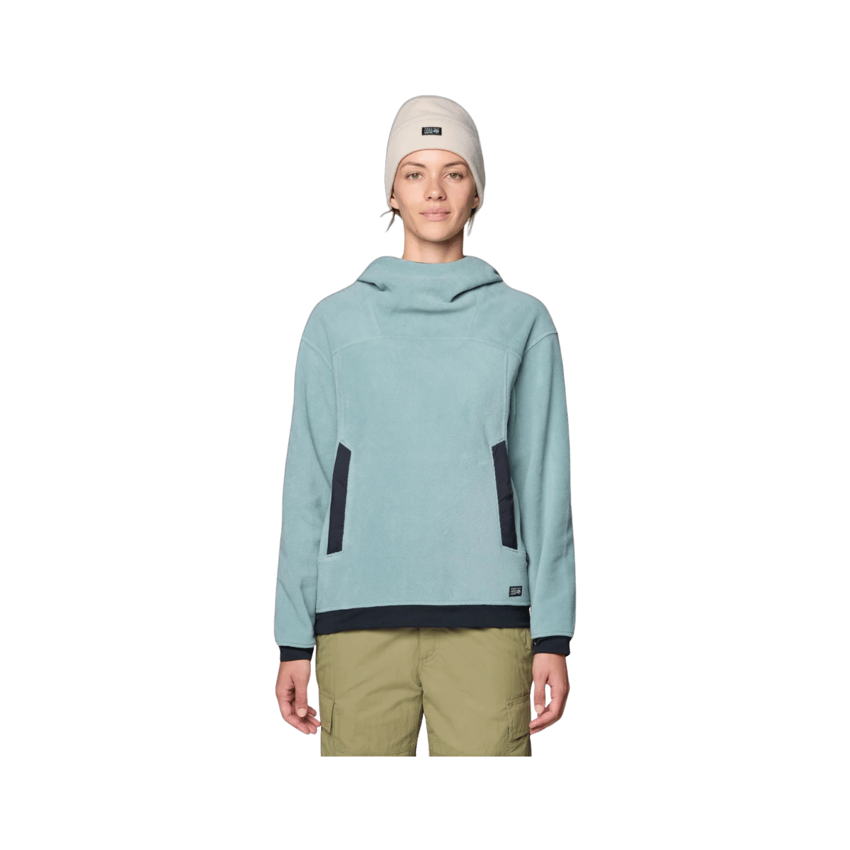 MOUNTAIN HARDWEAR WOMEN'S POWDER MAVEN FLEECE PULLOVER HOODY - BLUE SAGE/BLACK, FRONT ANGLE, XS, SM, MD, LG