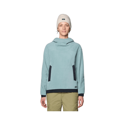 MOUNTAIN HARDWEAR WOMEN'S POWDER MAVEN FLEECE PULLOVER HOODY - BLUE SAGE/BLACK, FRONT ANGLE, XS, SM, MD, LG
