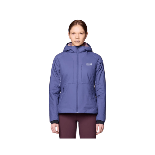 MOUNTAIN HARDWEAR WOMEN'S KOR STASIS INSULATED HOODY JACKET - LAPIS DUSK/AVID, FRONT ANGLE, SM, MD, LG, XL